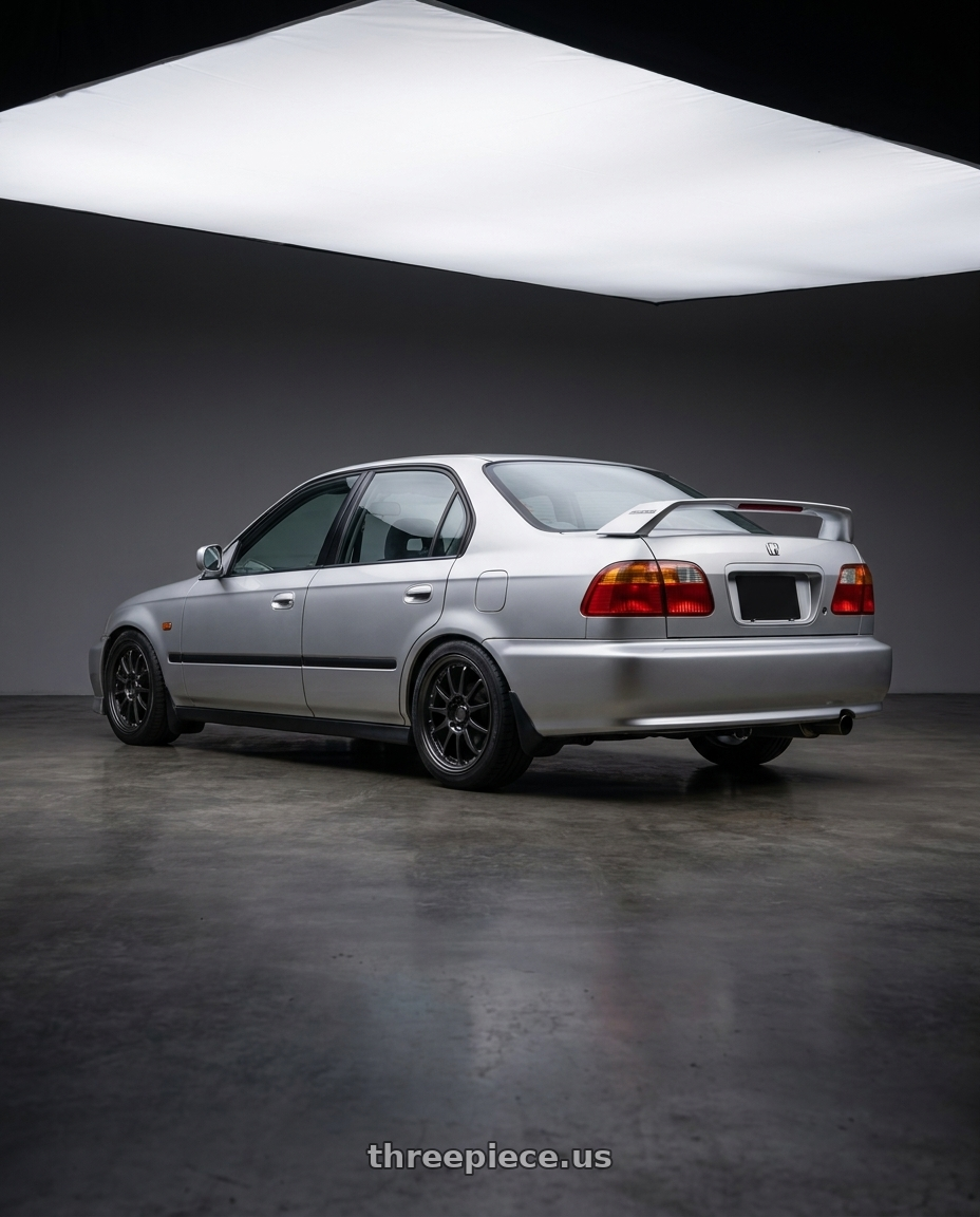 1999 honda civic with SSR Professor TF1 4X100 18X7+6 HP Disk Flat Black wheels rear three quarter view square tires
