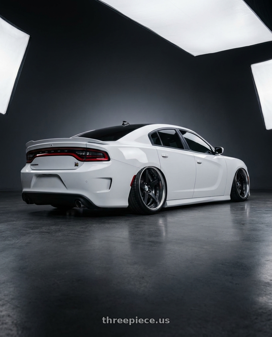 2021 Dodge Charger ScatPack with Work Gnosis Gr203 5x115 20x10+30 H Disk Matte Black wheels rear three quarter view extreme stretch tires