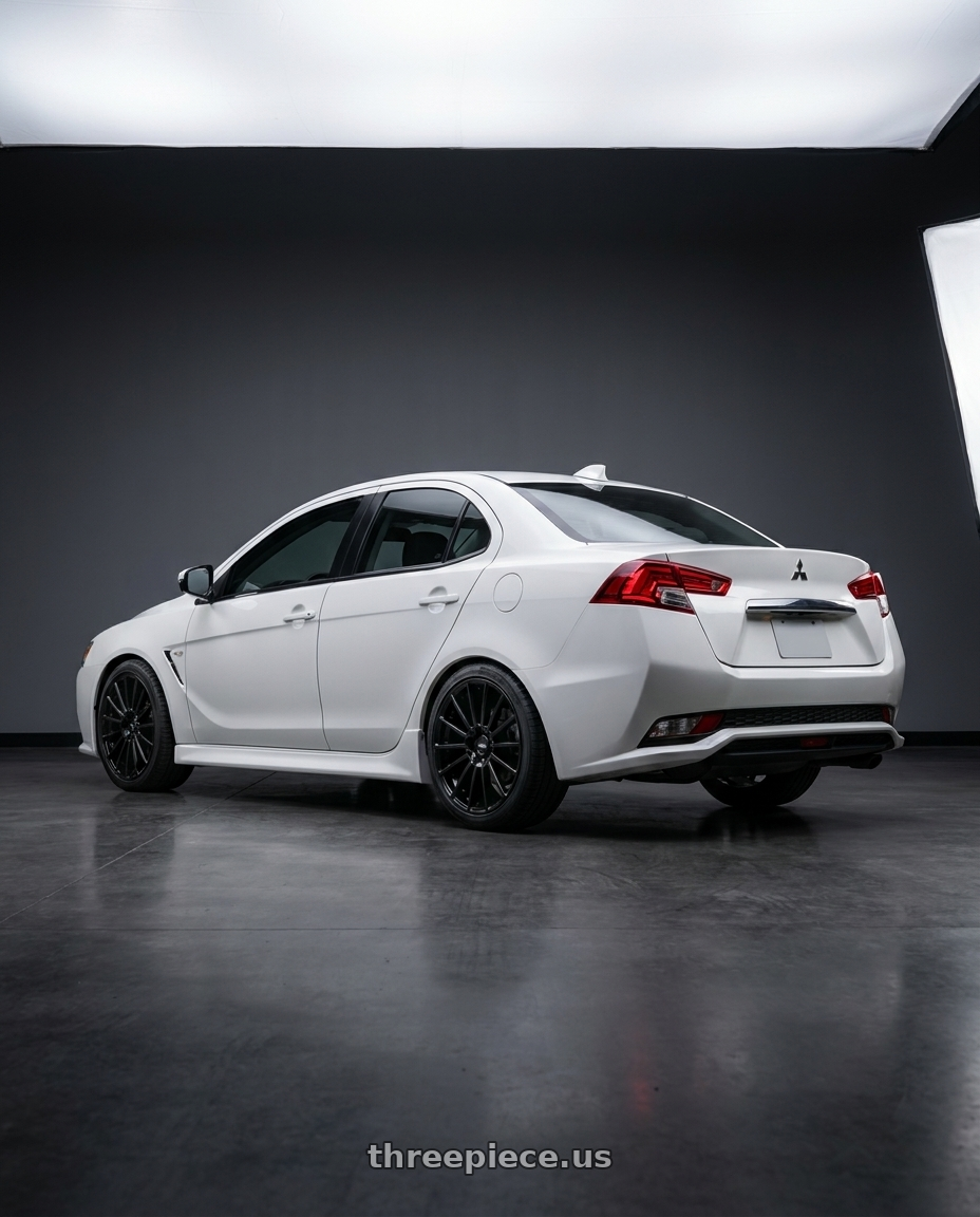 grand lancer 2018 with V�xx Casina 5x108/5x114.3 18x8+32 Gloss Black wheels rear three quarter view square tires