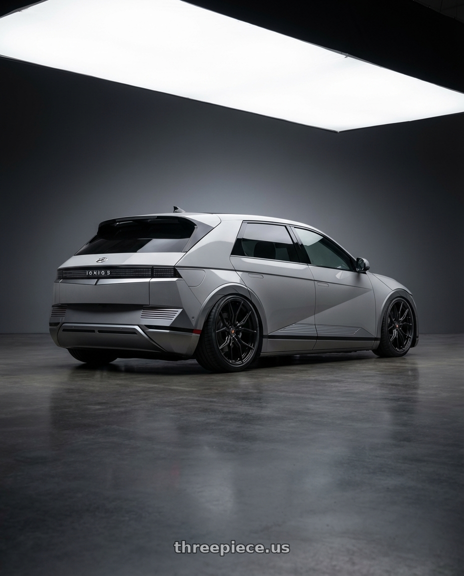 2024 Hyundai Ioniq 5 N with Vossen x Novitec NF11 21x9.5in - 5x114.3 BP - ET38 - Gloss Black Ferrari 296 Front Wheel - F-AFP-553-F01-C25 wheels rear three quarter view slight stretch tires