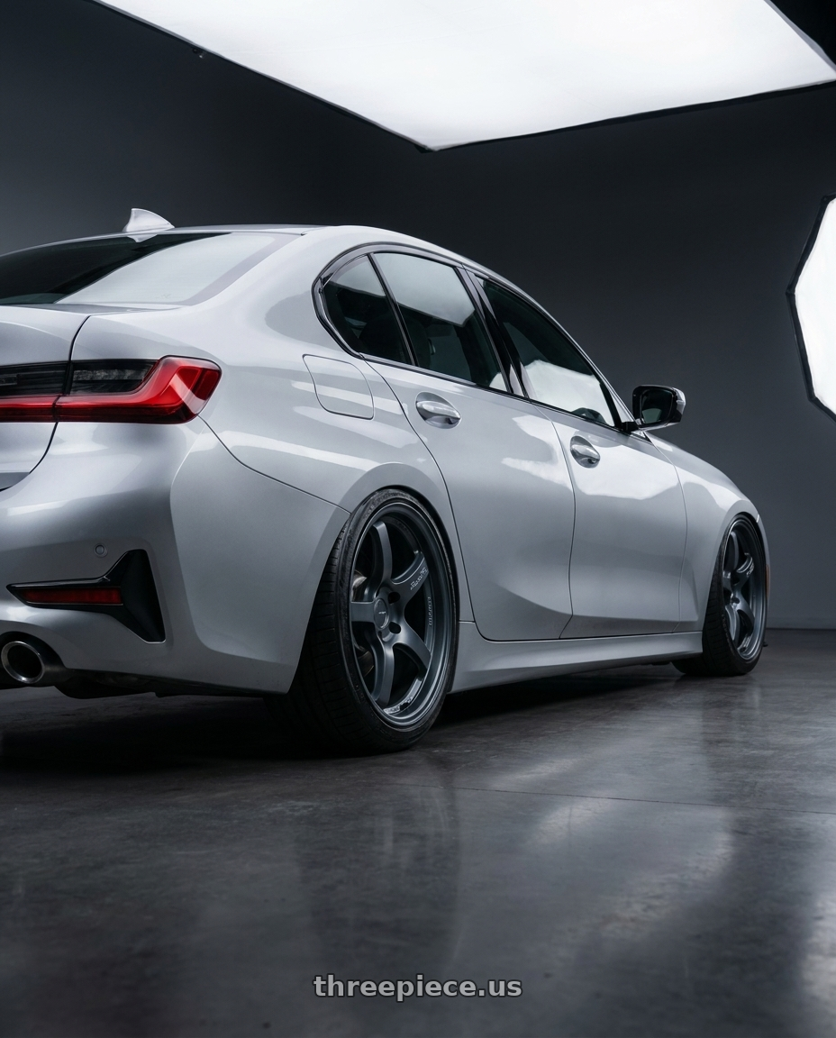 2023 BMW 3 Series G20 with Gram Lights 57CR 5x112 19x10.5+35 Gunblue II wheels rear three quarter view slight stretch tires