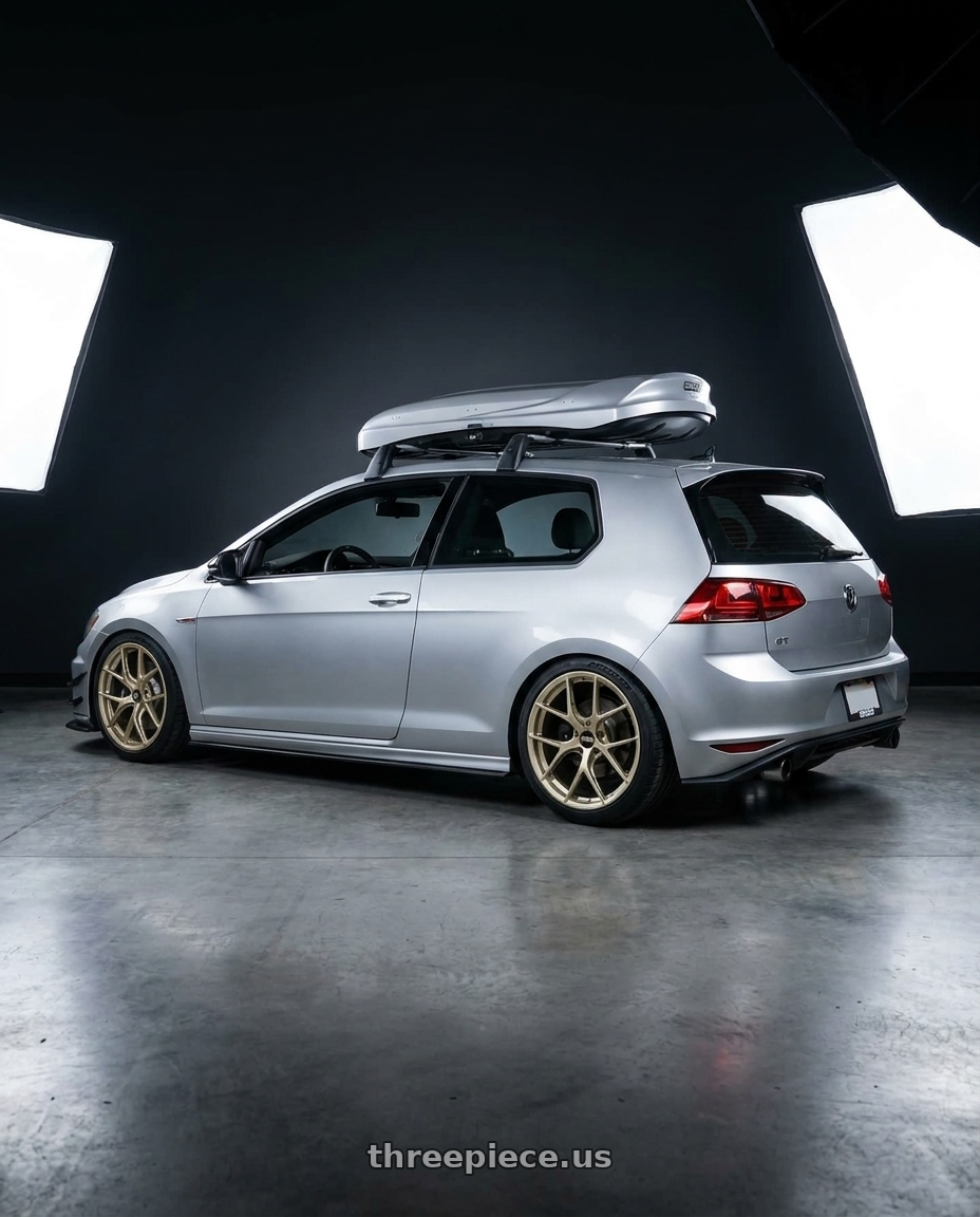 2015 VW GTI with BBS FI-R 5x112 19x9 +35 White Gold wheels rear three quarter view square tires