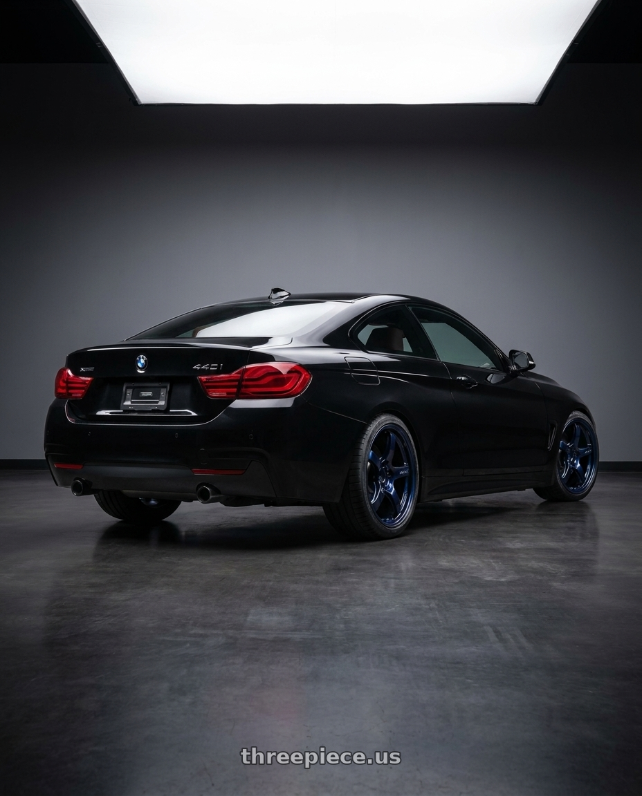 2020 BMW 440i XDRIVE  with Gram Lights 57CR 5x120 19x9.5+35 Eternal Blue Pearl wheels rear three quarter view square tires