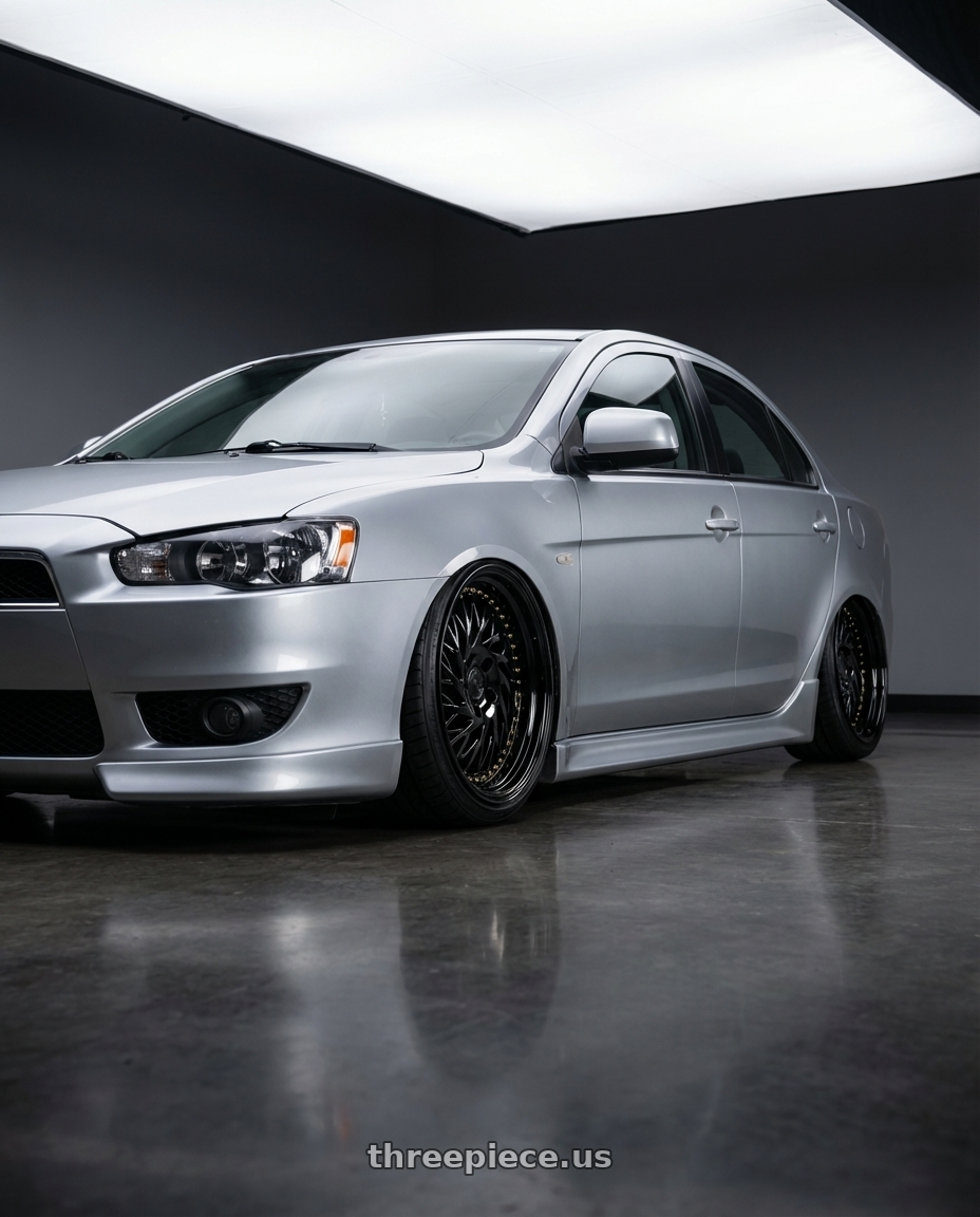 2014 Mitsubishi Lancer Ralliart with Aodhan DS03 5x114.3 18x9.5 +30 Black Vacuum w/ Gold Rivets wheels