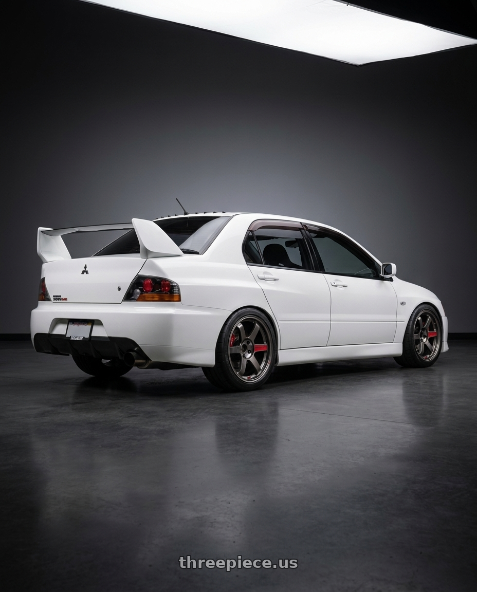 2006 mitsubishi evo  with Volk Racing TE37 Saga SL 5x114.3 18x9.5+22 Pressed Graphite wheels rear three quarter view square tires
