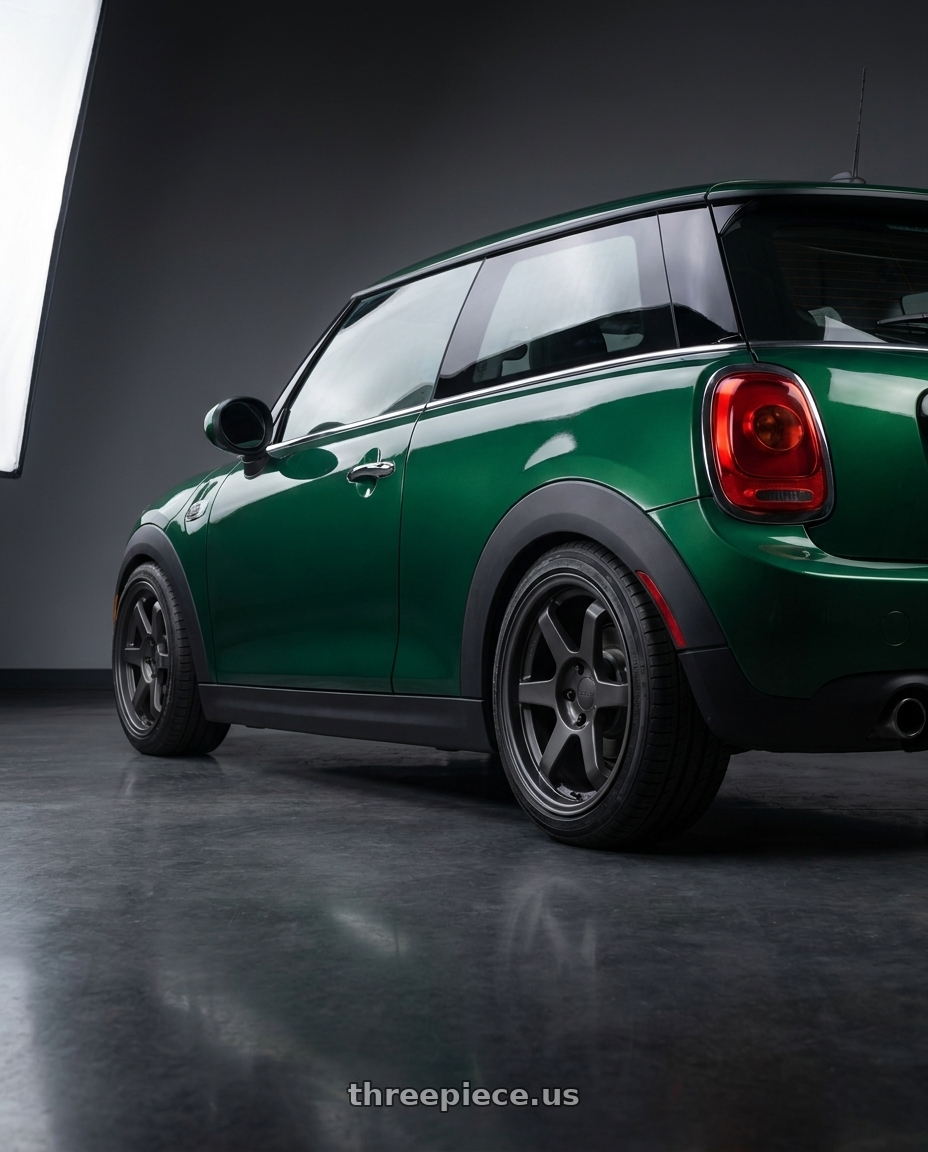 2018 Mini Cooper F56 Base Model with 9six9 SIX-1 5x120 18X8.5 +35 Carbon Gray wheels rear three quarter view square tires