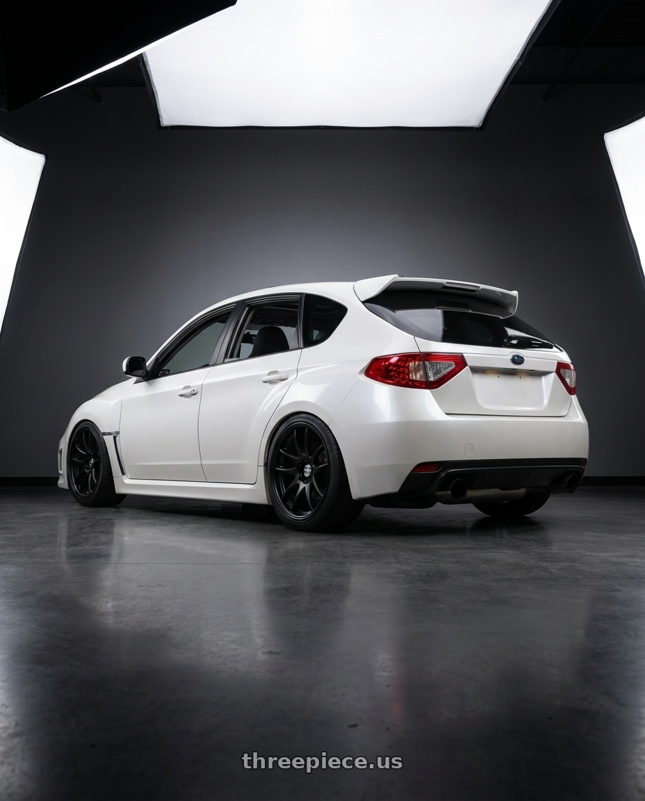2012 Subaru Wrx Hatchback Pearl with Work Cr 2P 5x100 18x8.5 +45 Matte Black wheels rear three quarter view square tires