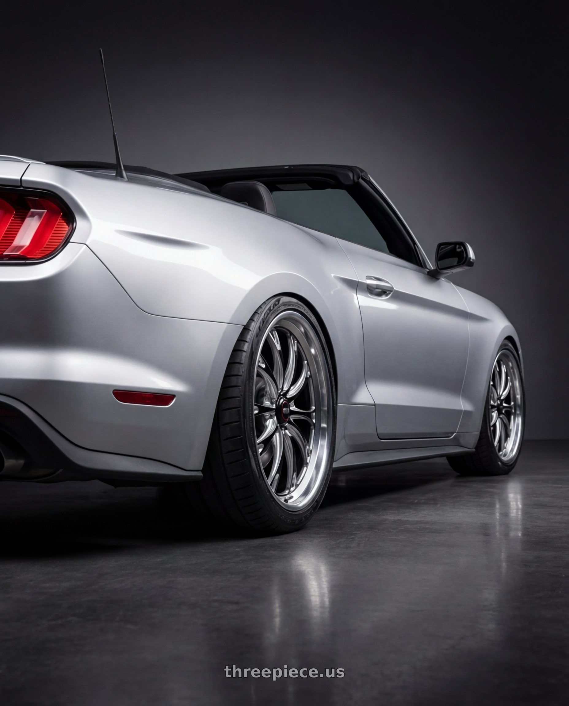 2018 ford mustang with WELD Performance Belmont 5x114.3 20x10.5 +50 Gloss Black/Milled Diamond Cut Lip wheels rear three quarter view slight stretch tires