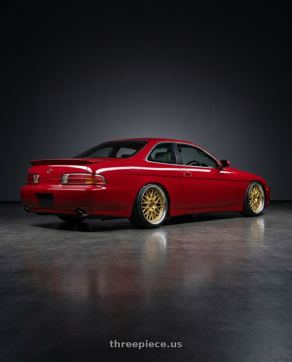 2000 toyota soarer with Work Vs-Xx 5x114.3 18x9.5+35 T Disk Gold wheels rear three quarter view slight stretch tires