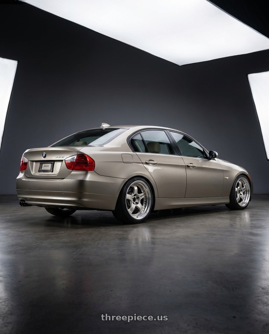 2009 BMW 335i with Work Meister S1 3P 5x120 18x10+30 O Disk Bright Buff Finish wheels rear three quarter view square tires
