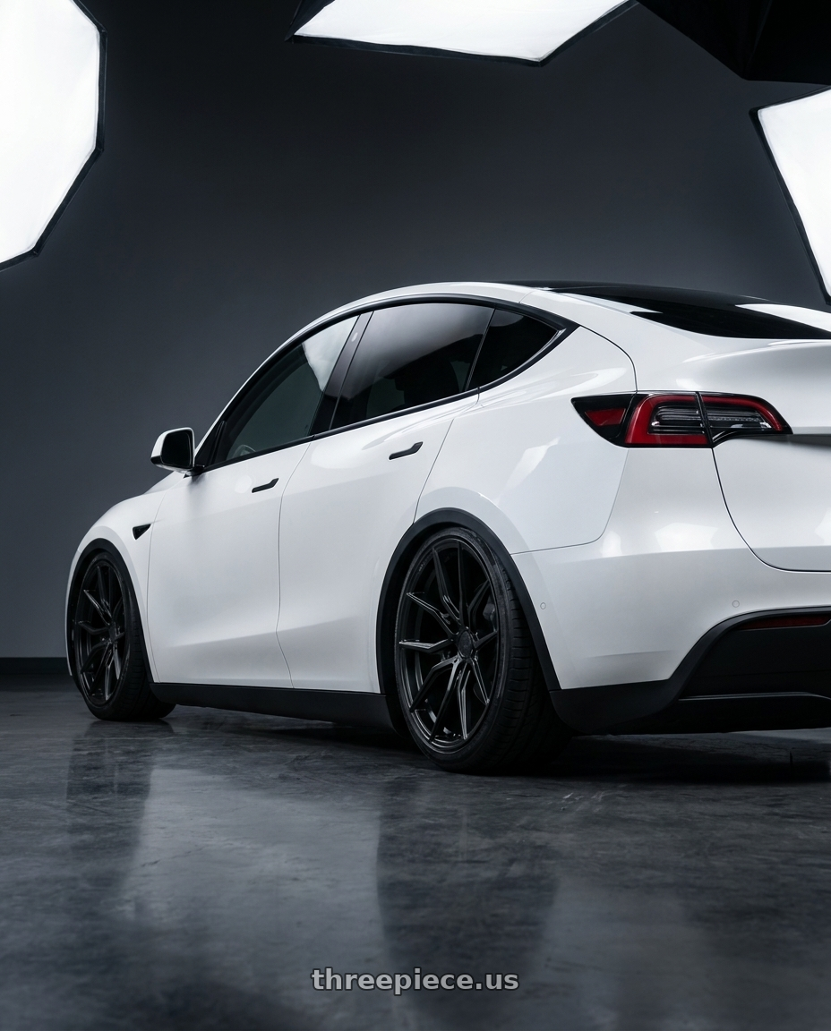 2024 Tesla Model Y with Aodhan AFF1 5x114.3 20x10.5+45 Matte Black wheels rear three quarter view slight stretch tires