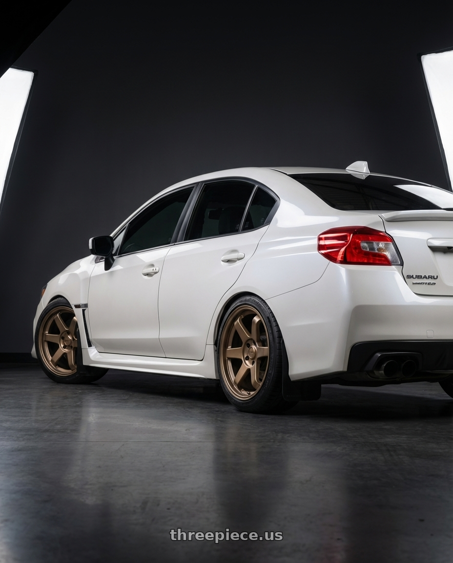 2017 Subaru WRX Limited, Crystal Pearl White with F1R F106 5x114.3 18x9.5 +38 Matte Bronze wheels rear three quarter view square tires