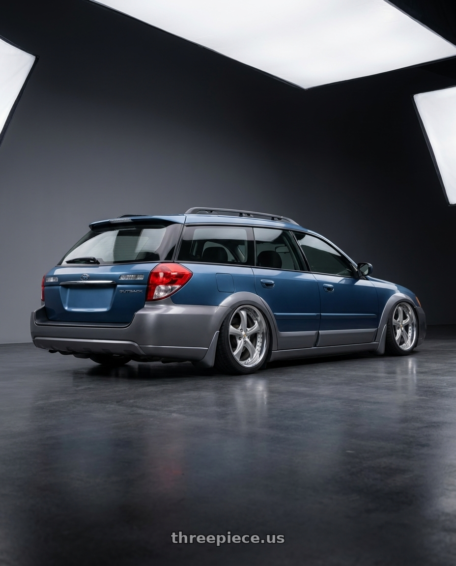 2008 Subaru Outback 2 5i with Work Wheels VS-KF 5x100 19x8+40 Light Grey Silver A Disk FULL REVERSE wheels rear three quarter view square tires