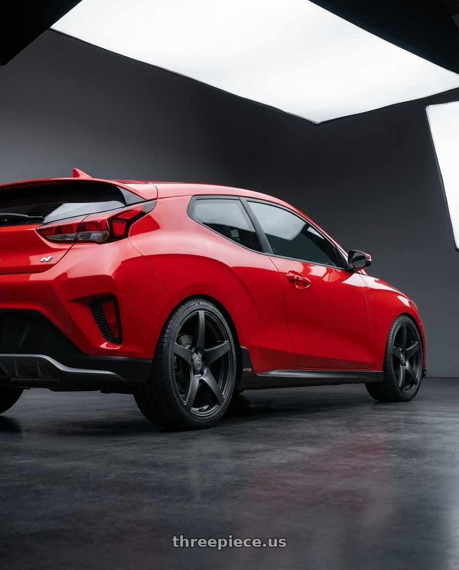 2022 Hyundai Veloster N with Forgestar CF5 5x114.3 19x9 +35 Satin Black wheels rear three quarter view square tires