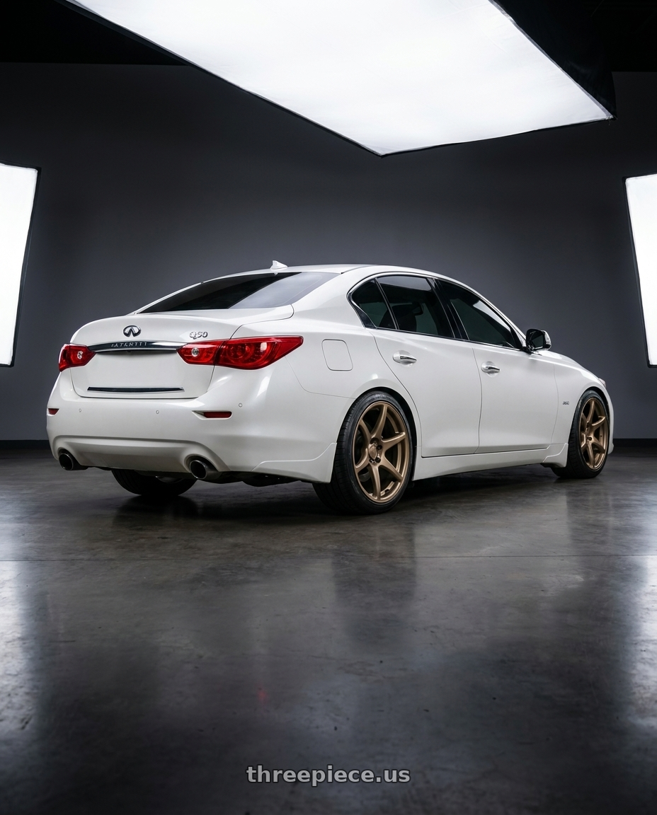 2017 Infiniti q50 with Kansei K11B Tandem 5X120 18x9 35 Bronze wheels rear three quarter view square tires
