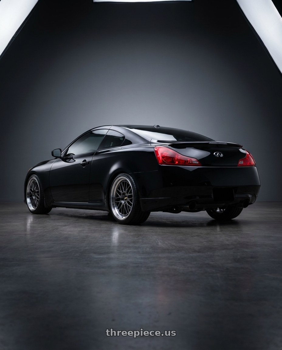 2009 Infiniti g37 with BBS LM 5x120 19x10.0+25 Diamond Black wheels rear three quarter view square tires