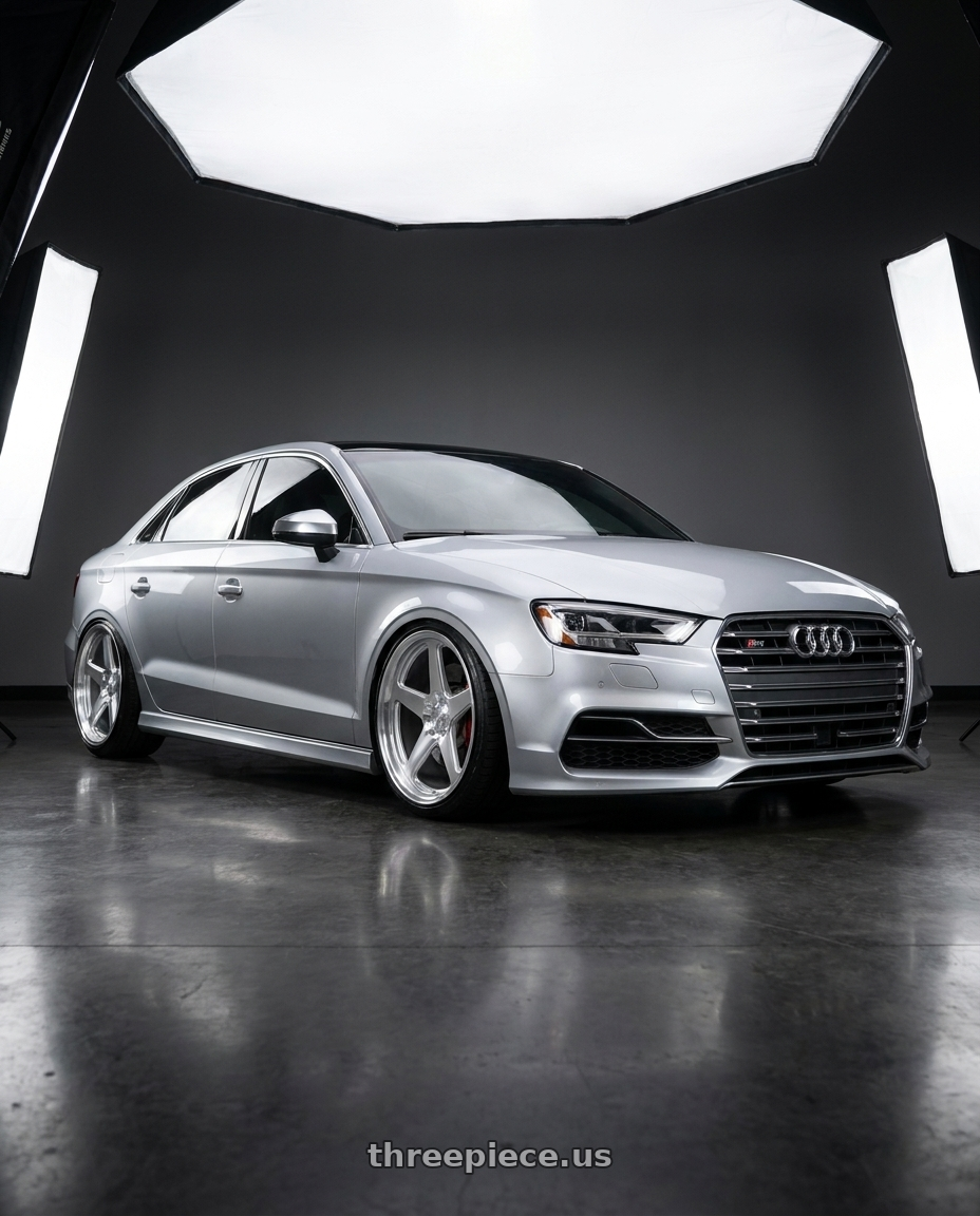 2016 Audi S3 with DOLCE PERFORMANCE STELLA 5x112 20x8.5 +28 Gloss Silver wheels front three quarter view lowered stance