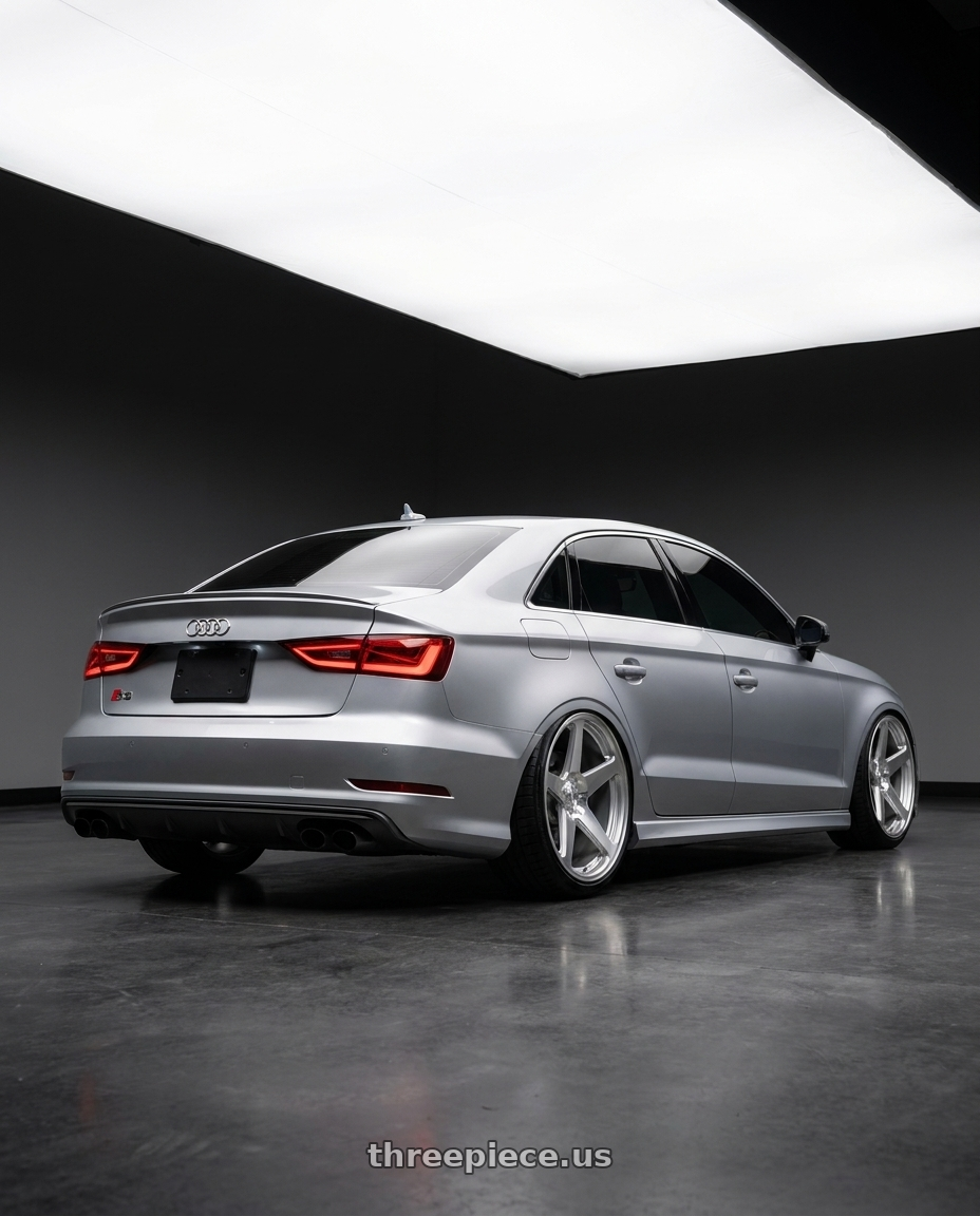 2016 Audi S3 with DOLCE PERFORMANCE STELLA 5x112 20x8.5 +28 Gloss Silver wheels rear three quarter view extreme stretch tires