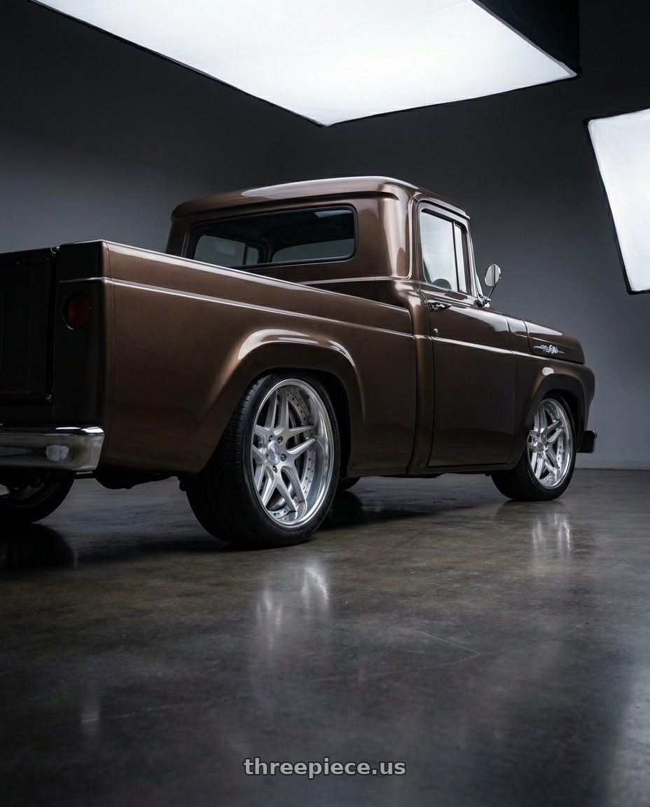 1960 ford f100 with Work Gnosis Cvx 5x114.3 19x9+45 W Disk Matte Silver wheels rear three quarter view square tires