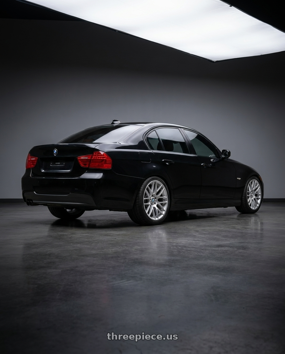 2011 bmw 335d with Avant Garde Wheels M359 5X120 18x9.5 +33 Hyper Silver wheels rear three quarter view meaty tires