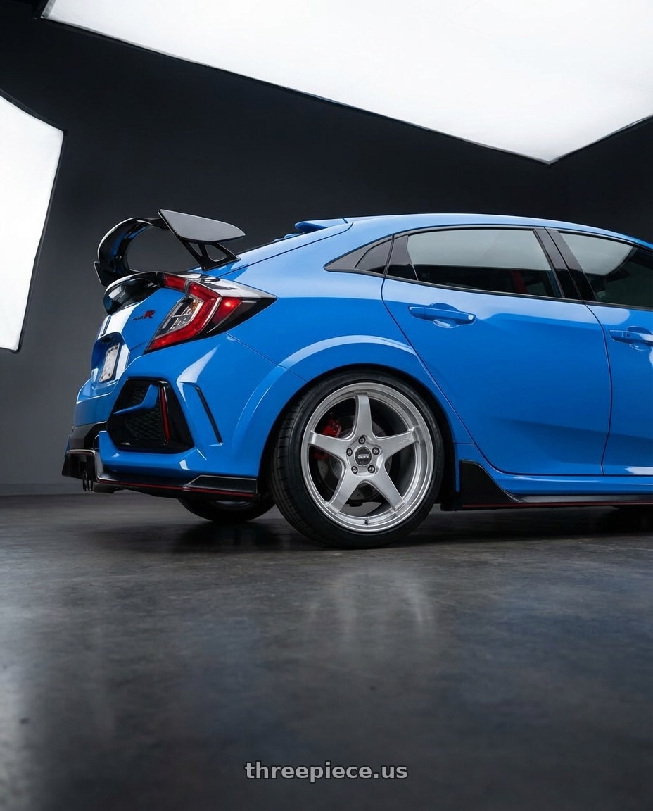 2020 Honda Civic Type R with ESR Wheels APEX SERIES AP5 5x120 19x9.5 +35 Hyper Silver wheels rear three quarter view square tires