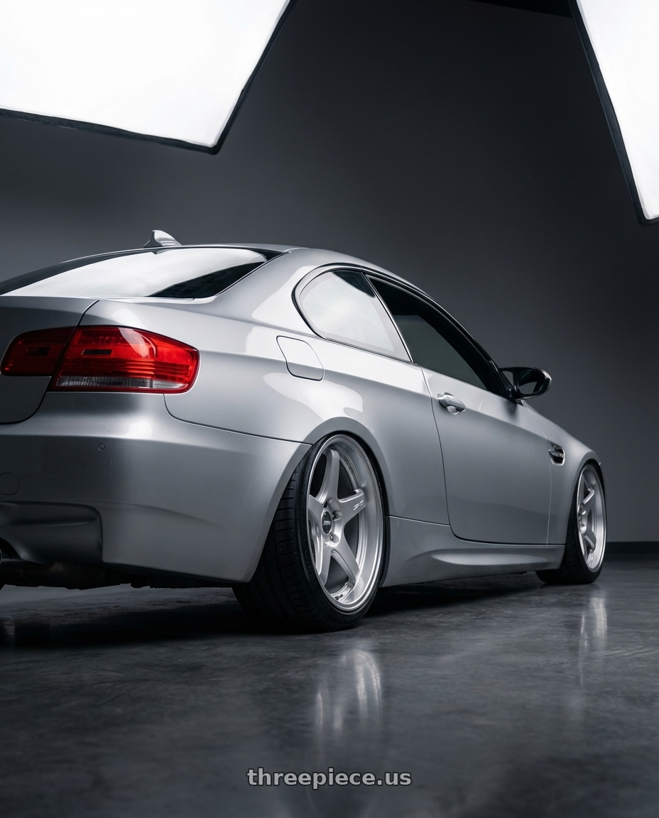 2012 BMW 3 Series E92 with ESR Wheels APEX SERIES AP5 5x120 19x9.5 +35 Hyper Silver wheels rear three quarter view slight stretch tires