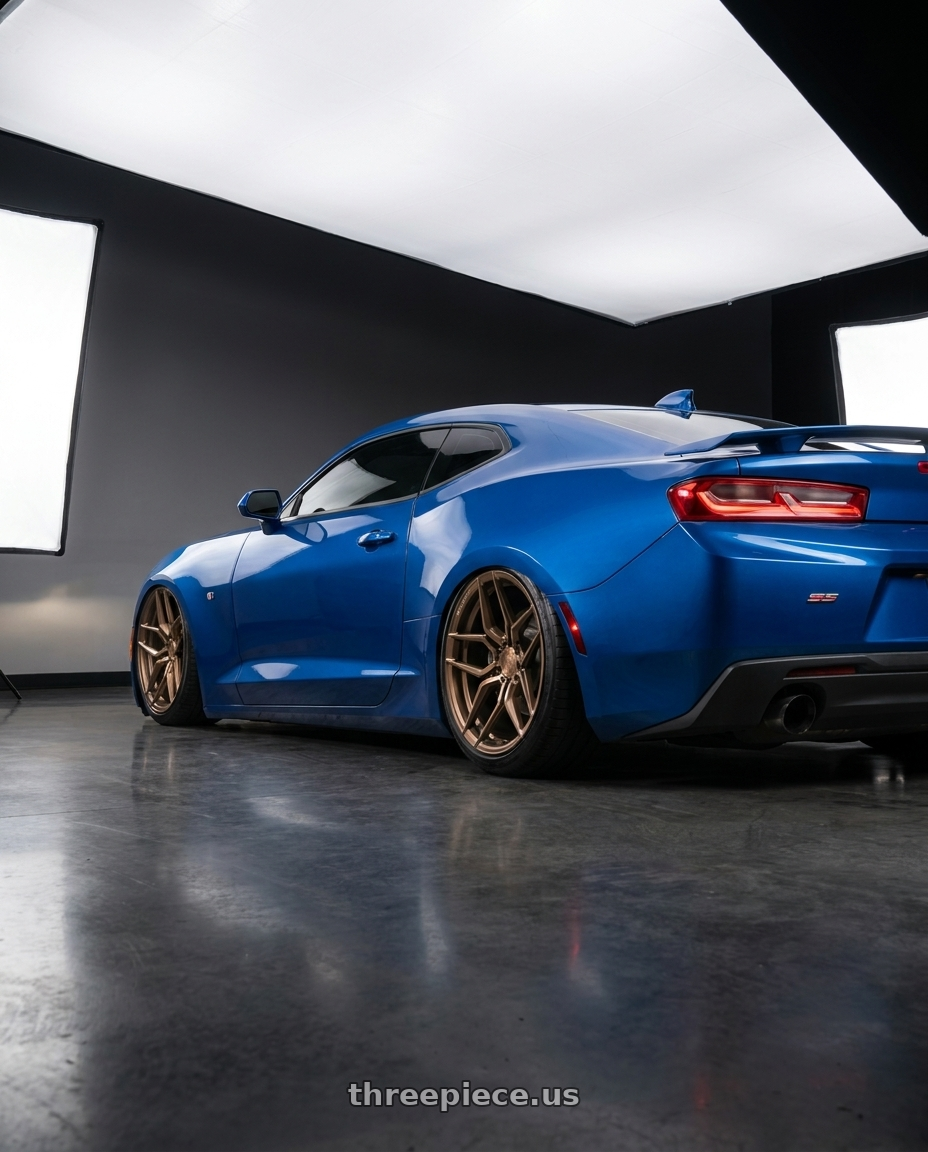 2016 camaro ss with Rohana RFX11 5x120 20x10+25 Brushed Bronze wheels rear three quarter view slight stretch tires