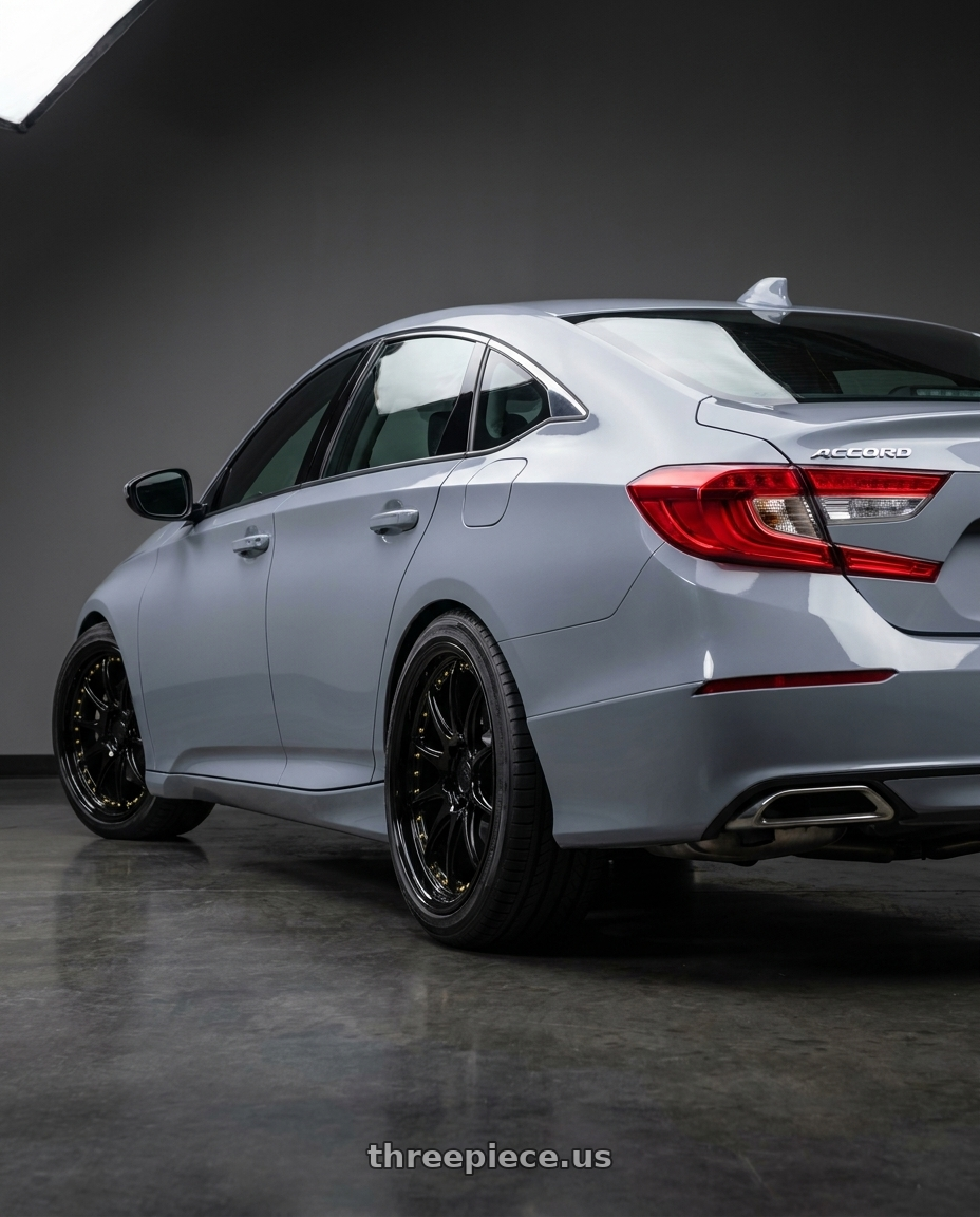 2021 Honda Accord EX-L with Aodhan DS07 5x114.3 18x8.5+35 Gloss Black W /Gold Rivets wheels rear three quarter view square tires