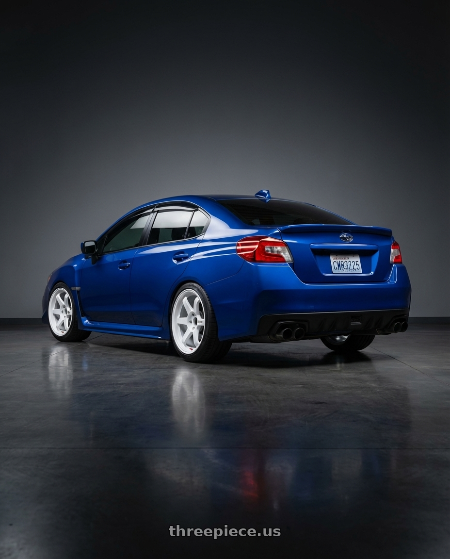 2016 subaru wrx with Volk Racing TE37SL 5x114.3 18x10.5 +22 DASH WHITE wheels rear three quarter view slight stretch tires