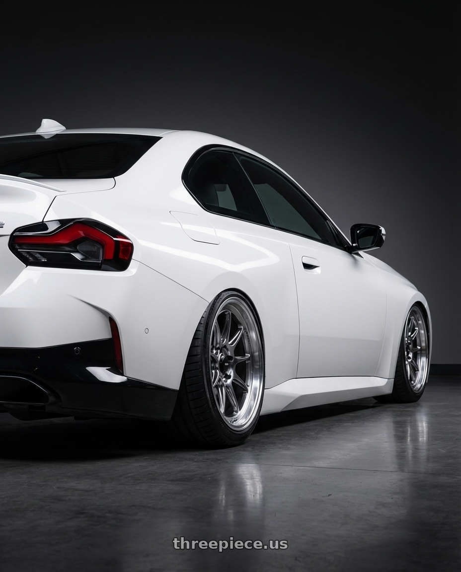 2024 BMW 2 Series G42 with Konig Countergram 5x112 19x8.5+43 Hyper Chrome / Machined Lip wheels rear three quarter view slight stretch tires