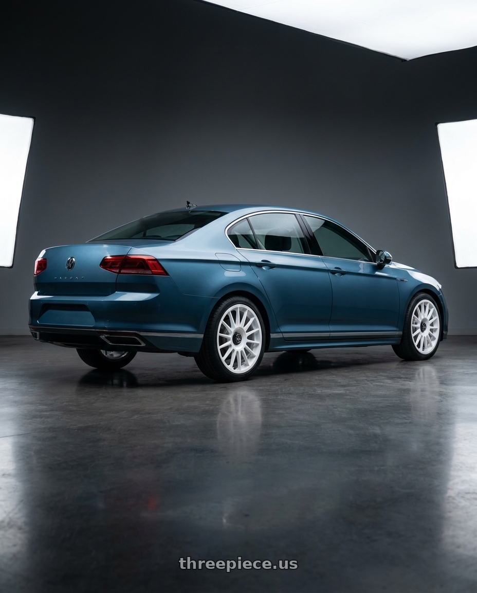 2022 Volkswagen Passat B8.5 3G R-Line, Aquamarine Blue Metallic with fifteen52 PODIUM 5x114.3 / 5x120 19x8.5 +35 RALLY WHITE (GLOSS WHITE) wheels rear three quarter view square tires