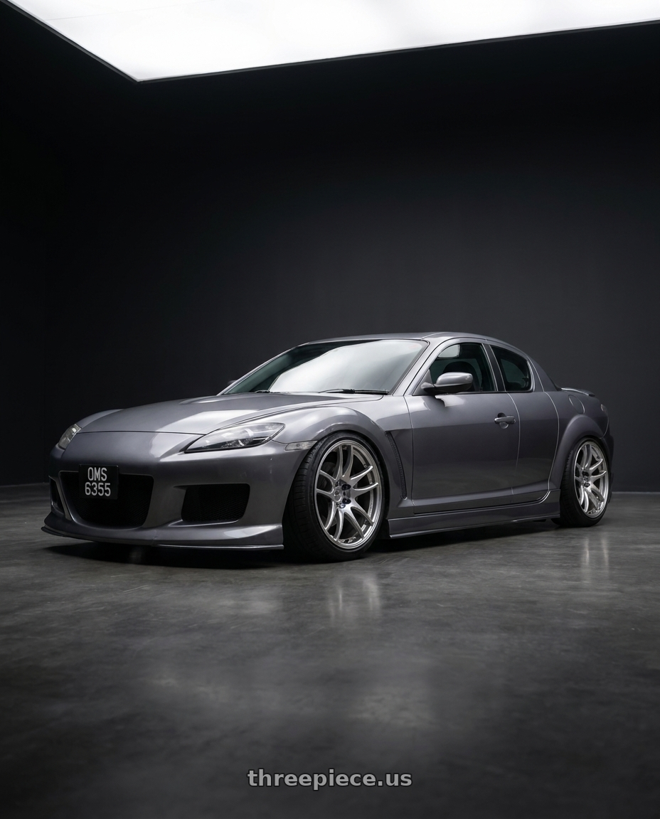 2006 Mazda RX-8 with Work Emotion Cr Kiwami 5x114.3 18x8.5 +38 Gt Silver wheels front three quarter view stanced stance