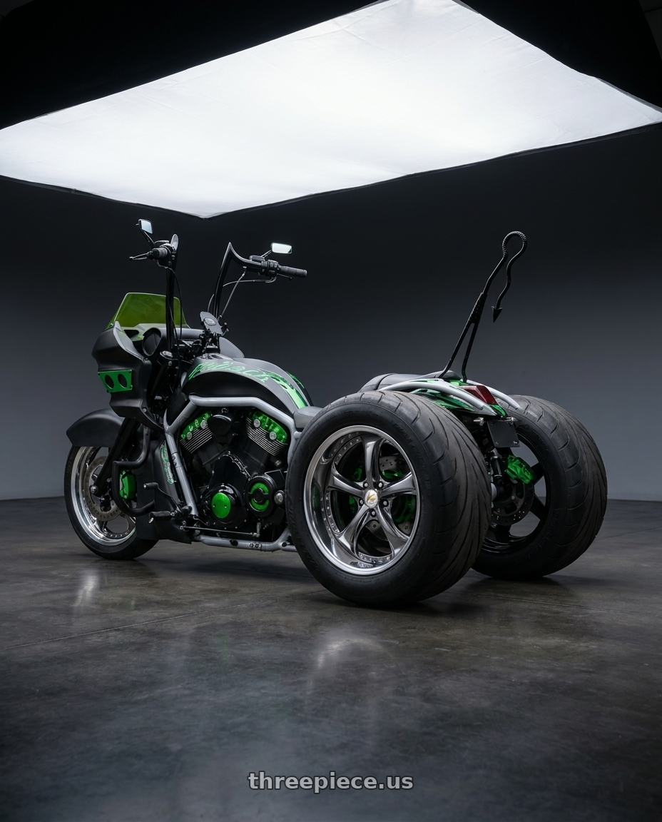 2002 custom trike with Work Wheels VS-KF 5X114.3 19x9-18 Brilliant Silver Black R Disk FULL REVERSE wheels rear three quarter view excessive tires