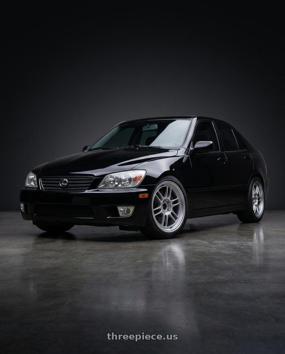 2004 Lexus IS300 with Enkei RPF1 5x114.3 18x8+35 Silver wheels front three quarter view lowered stance