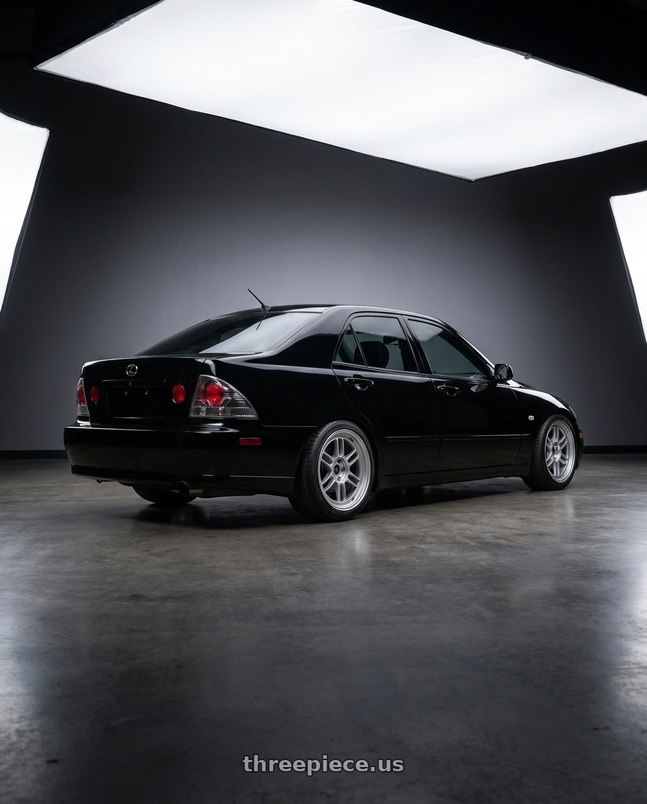 2004 Lexus IS300 with Enkei RPF1 5x114.3 18x8+35 Silver wheels rear three quarter view square tires