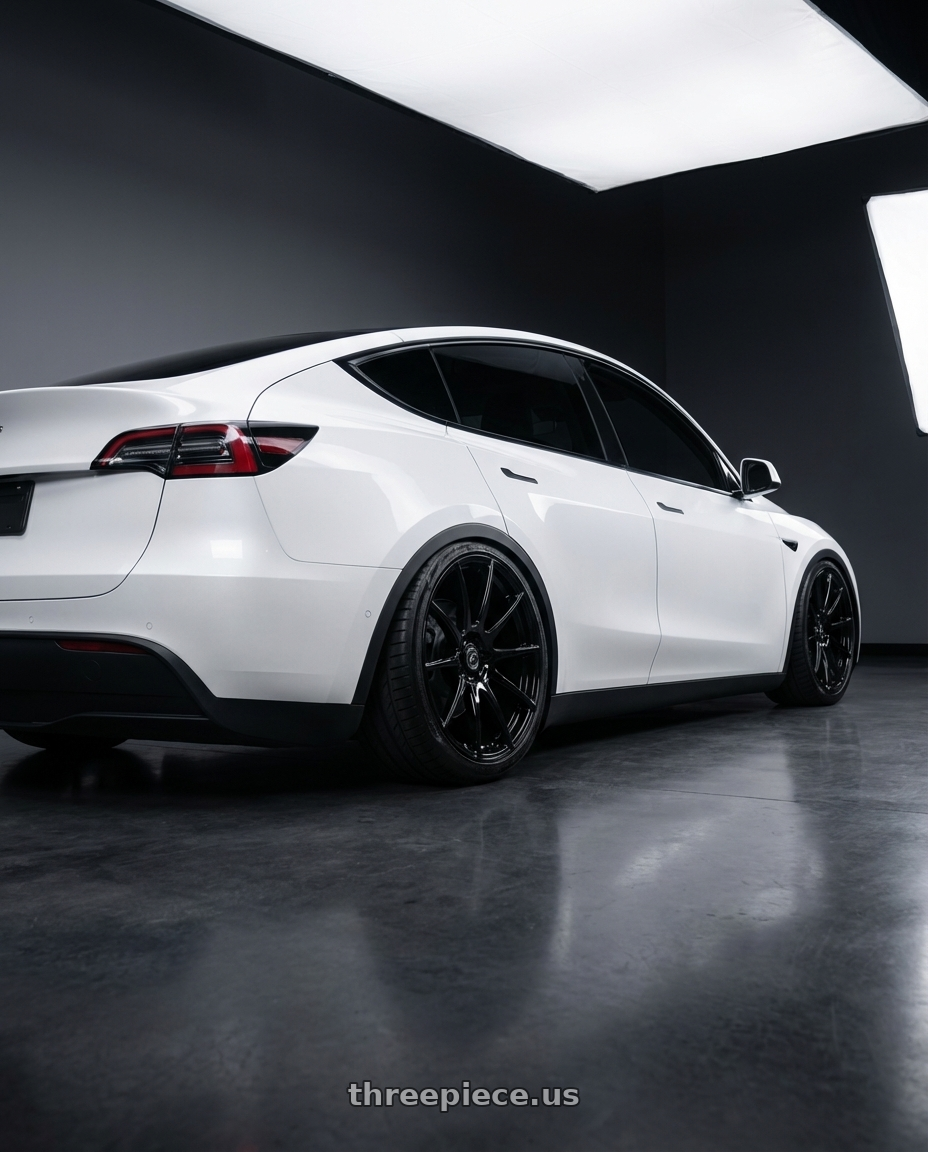 2024 Tesla Model Y with Forgestar CF10 5x114.3 20x9.5 +29 Gloss Black wheels rear three quarter view slight stretch tires