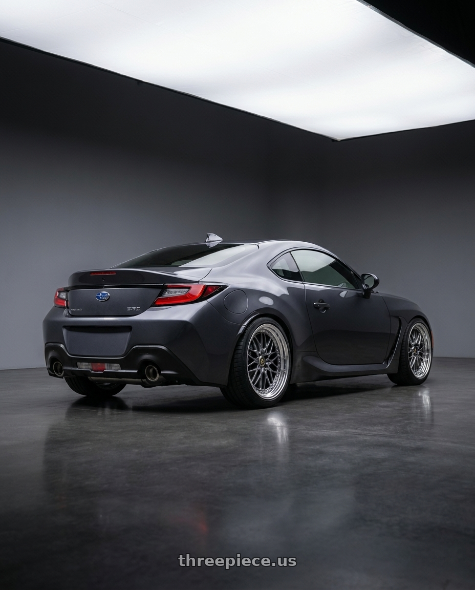 2023 Subaru BRZ premium Magnetite grey  with Work Vs-Xv 5x100 18x8.5+40 O Disk Brilliant Silver Black wheels rear three quarter view square tires