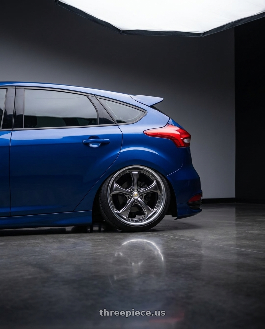2018 Ford focus ST Blue with Work Wheels VS-KF 5X114.3 19x8+28 Brilliant Silver Black A Disk FULL REVERSE wheels rear three quarter view slight stretch tires