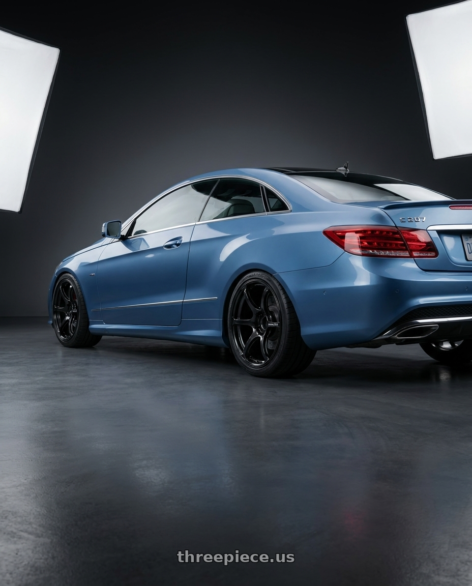 2014 Mercedes-Benz E-Class Coupe C207 with Advan RGIII 5x112 19x8.5+45 Gloss Black wheels rear three quarter view square tires
