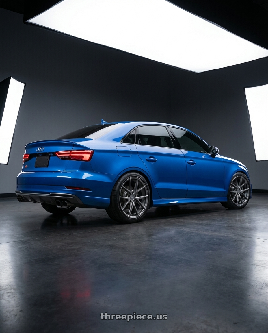 2019 Audi S3 8V with Niche 1PC M116 MISANO 5X112 18X8 +30 MATTE GUN METAL wheels rear three quarter view square tires