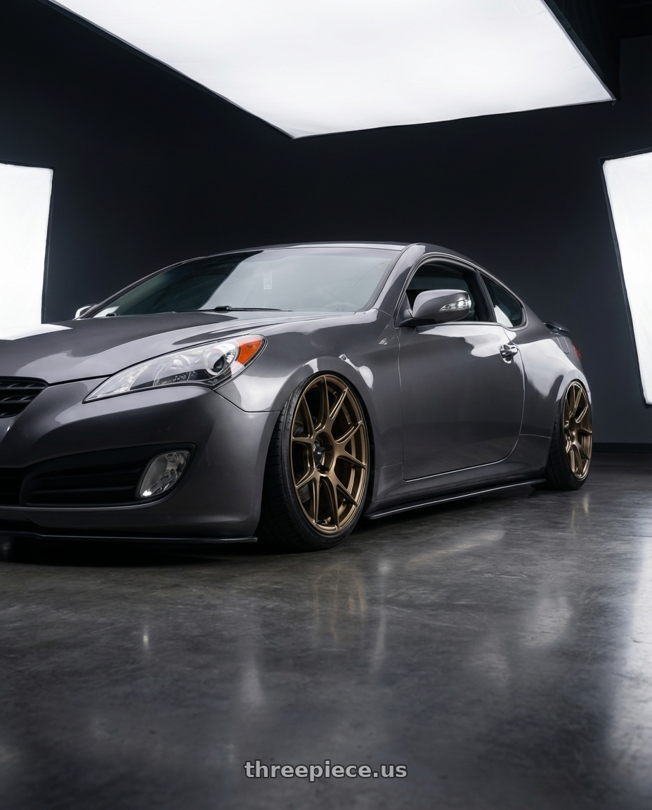 2014 Hyundai Genesis Coupe with Konig Ampliform 5x114.3 19x8.5+30 Gloss Bronze wheels front three quarter view stanced stance