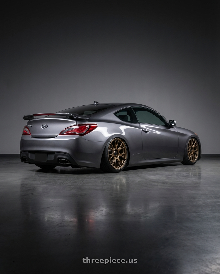 2014 Hyundai Genesis Coupe with Konig Ampliform 5x114.3 19x8.5+30 Gloss Bronze wheels rear three quarter view slight stretch tires