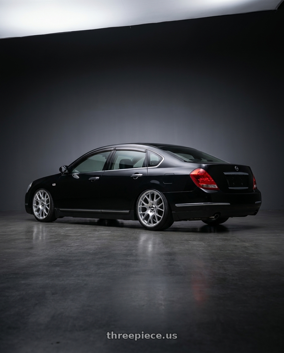 2007 teana j31 with BBS CH-R 5x114.3 20x8.5 +38 Brilliant Silver Polished Rim Protector wheels rear three quarter view slight stretch tires