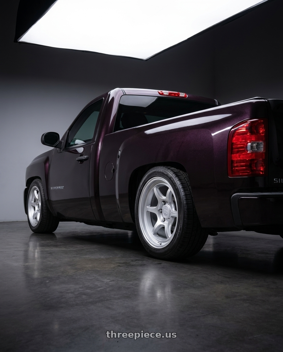 2008 chevy silverado  with Black Rhino SHOGUN 5X127 17X9 -38 HYPER SILVER wheels rear three quarter view square tires