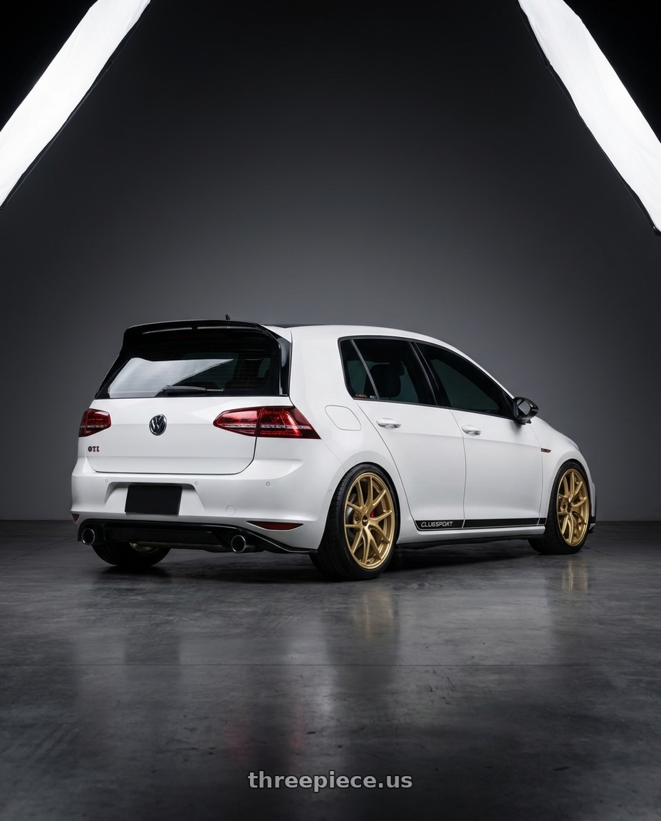 2016 golf gti cs with BBS RI-A 5x112 18x8.5+45 Gold wheels rear three quarter view square tires