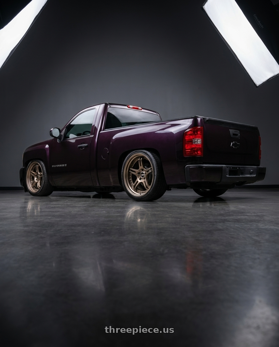 2008 chevy silverado  with SSR Professor SPX STD 5X100 18X9.5+-26 HP Disk High Metal Bronze wheels rear three quarter view slight stretch tires