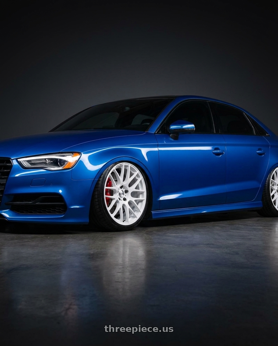2017 Audi RS3 with Work Emotion m8r 5x112 19x9.5 +38 White wheels front three quarter view slammed stance