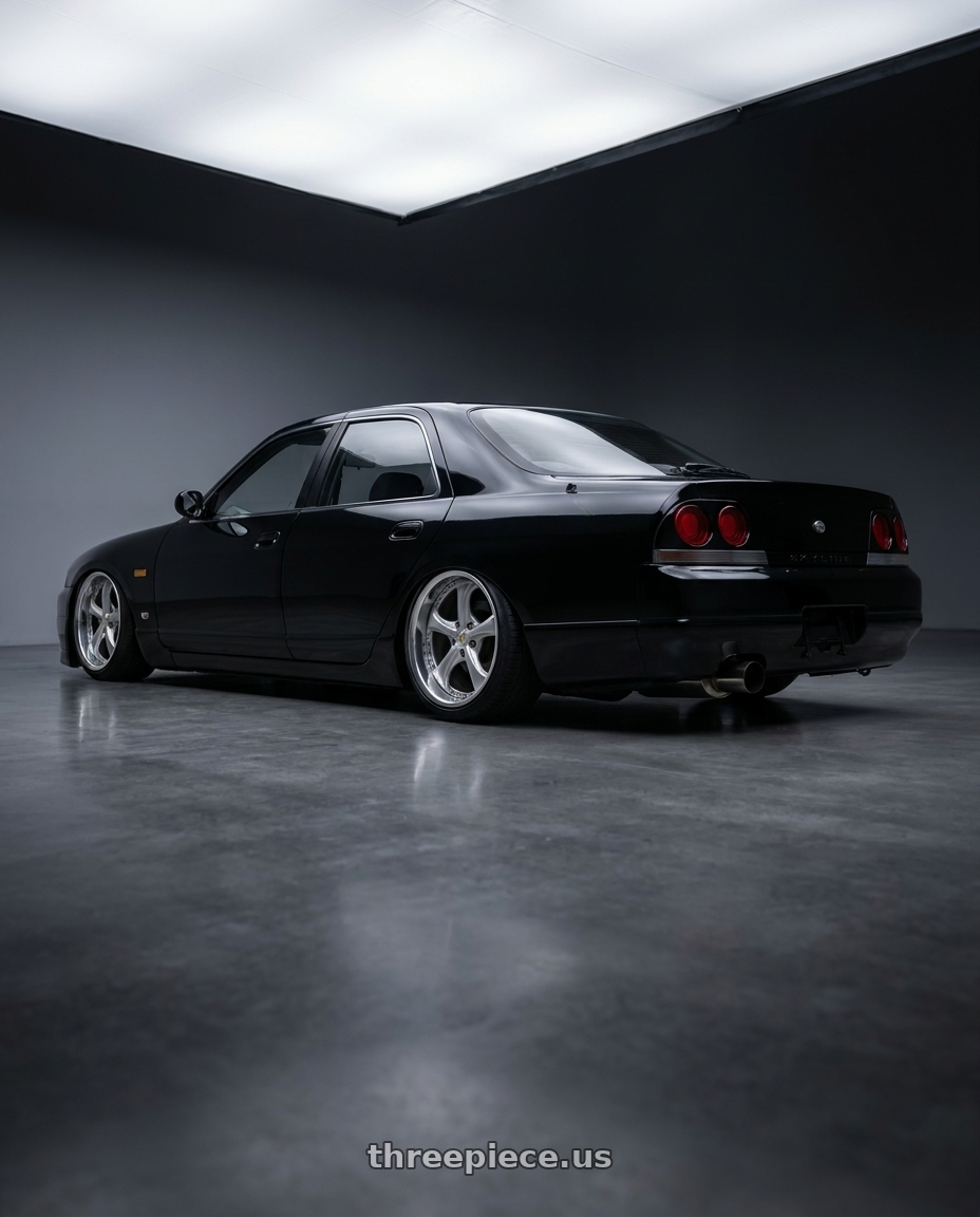 1993 Nissan skyline sedan with Work Wheels VS-KF 5x114.3 18x7.5+40 Light Grey Silver O Disk FULL REVERSE wheels rear three quarter view slight stretch tires