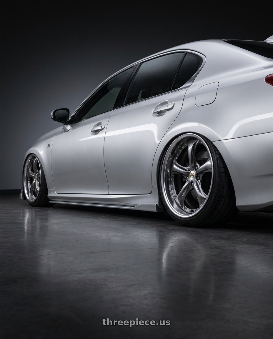 2015 Lexus gs350 with Work Wheels VS-KF 5x114.3 20x8.5+34 Brilliant Silver Black A Disk FULL REVERSE wheels rear three quarter view square tires
