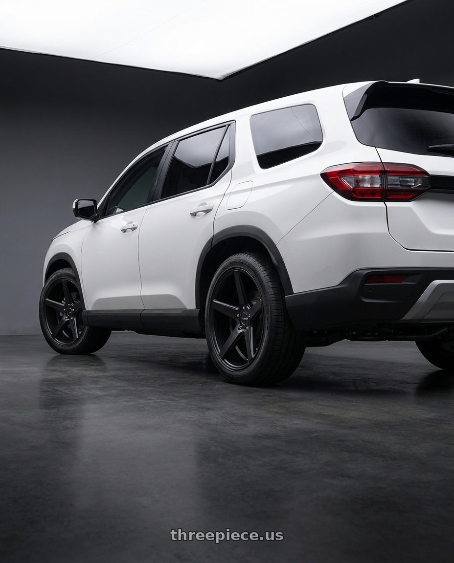 2023 Honda Pilot with KMC KM685 DISTRICT 5X114.3 22X9 +20 SATIN BLACK wheels rear three quarter view square tires